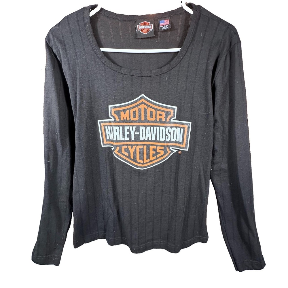 Women's Medium Harley-Davidson Black Long Sleeve Graphic Crew Top Big Logo USA